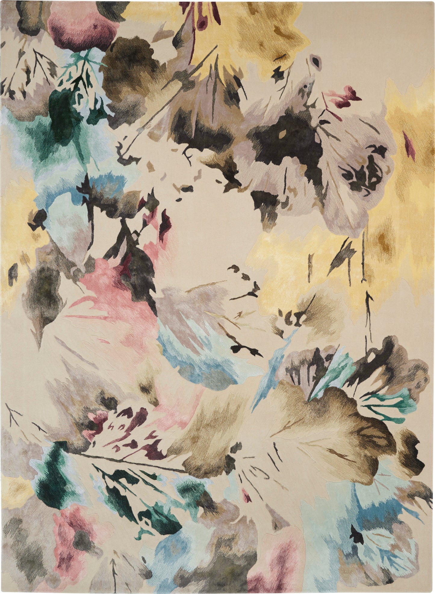 Soft abstract floral rug with beige base and pastel pink, blue, green and yellow accents; painterly, decorative.