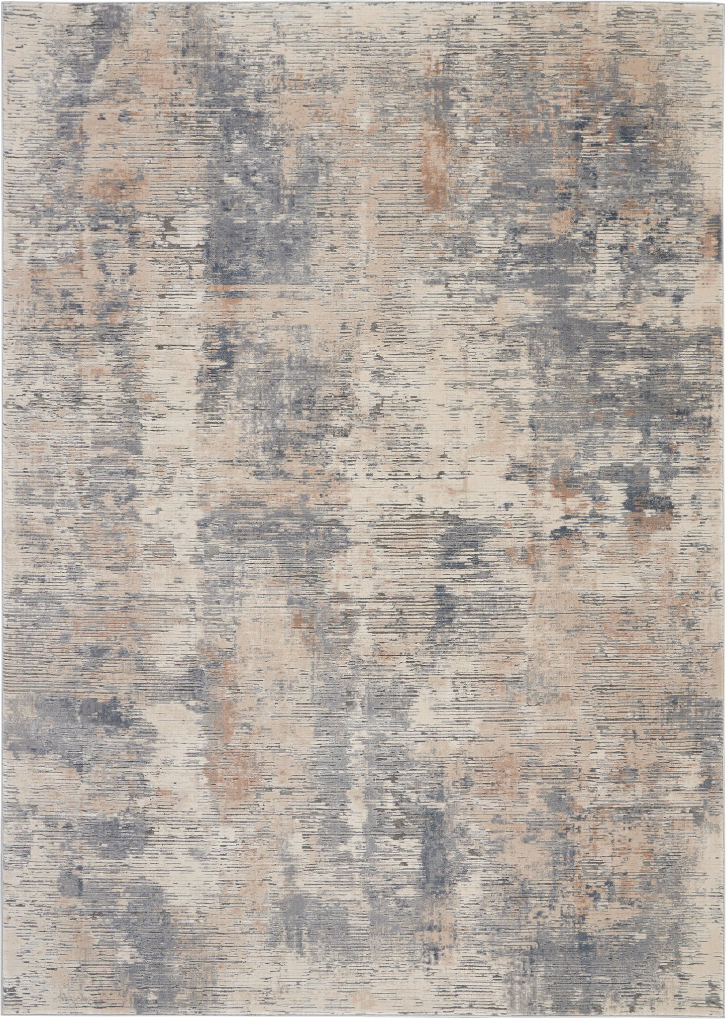 Rectangular abstract distressed rug in beige, blue-gray and rust accents; modern vintage-inspired decor.
