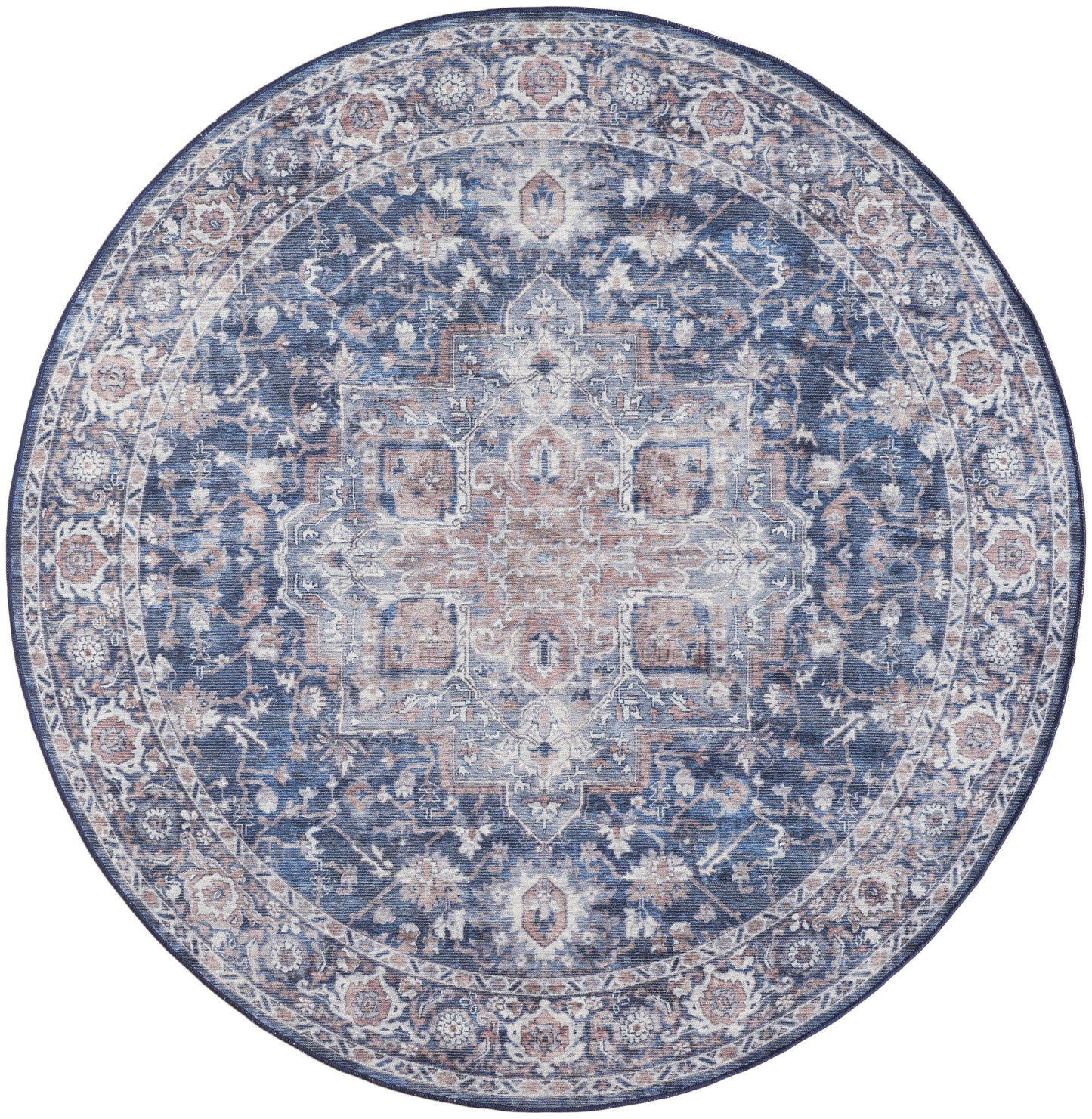 Round blue Persian-style rug with ivory central medallion and intricate cream-and-rust floral border.