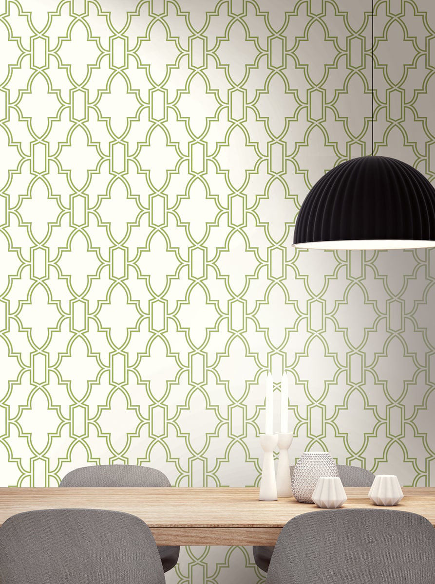 Green and white geometric peel-and-stick wallpaper featuring a classic trellis pattern. Washable and strippable wallpaper for accent walls, bedroom decor, bathroom walls, kitchen spaces, cottage interiors, traditional homes and modern DIY room makeovers.