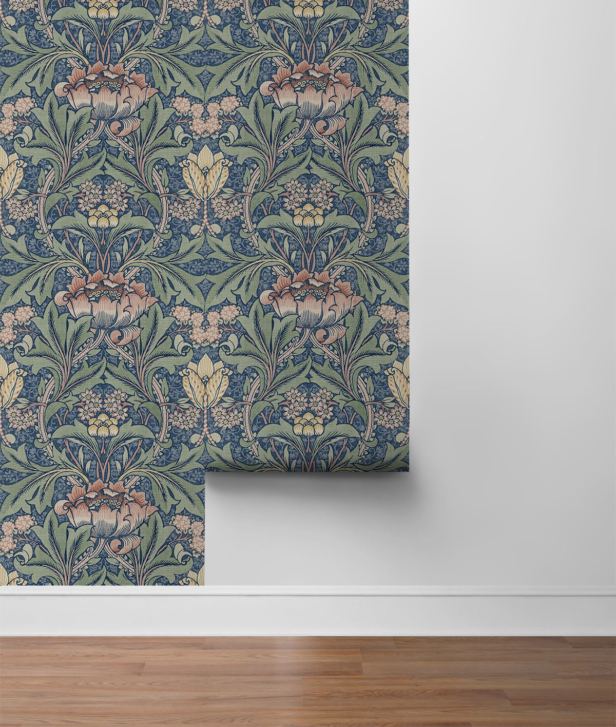 Acanthus Floral Peel and Stick Wallpaper in Denim Blue and Salmon featuring elegant botanical floral patterns in soft blue and warm coral tones. Removable floral wallpaper for accent walls, bedrooms, bathrooms, nurseries, living rooms, apartments, cottagecore interiors, boho décor, farmhouse homes, and vintage-inspired spaces. Washable peel and stick wallcovering ideal for modern DIY home decorating and stylish interior design projects.