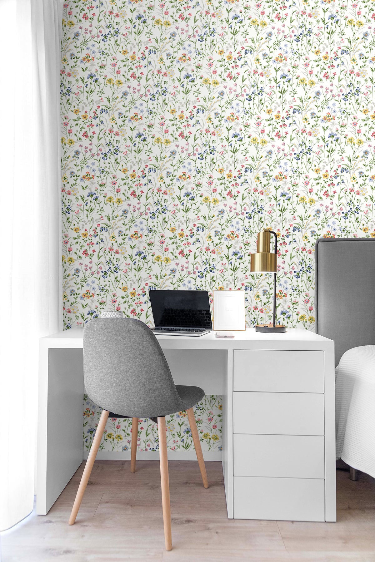Wildflowers Peel and Stick Wallpaper in Multicolored featuring vibrant floral blooms and botanical patterns in soft colorful tones. Removable botanical wallpaper ideal for accent walls, bedrooms, nurseries, living rooms, apartments, offices, cottagecore interiors, boho décor, farmhouse homes, and DIY home decorating projects. Washable peel and stick wallcovering with colorful wildflower design for modern and vintage-inspired interiors.