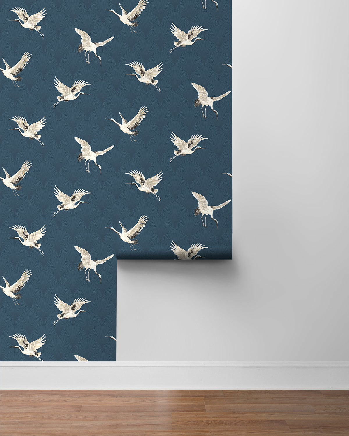 NextWall peel and stick cranes wallpaper NW42802 showing elegant crane bird pattern for removable accent wall decor.