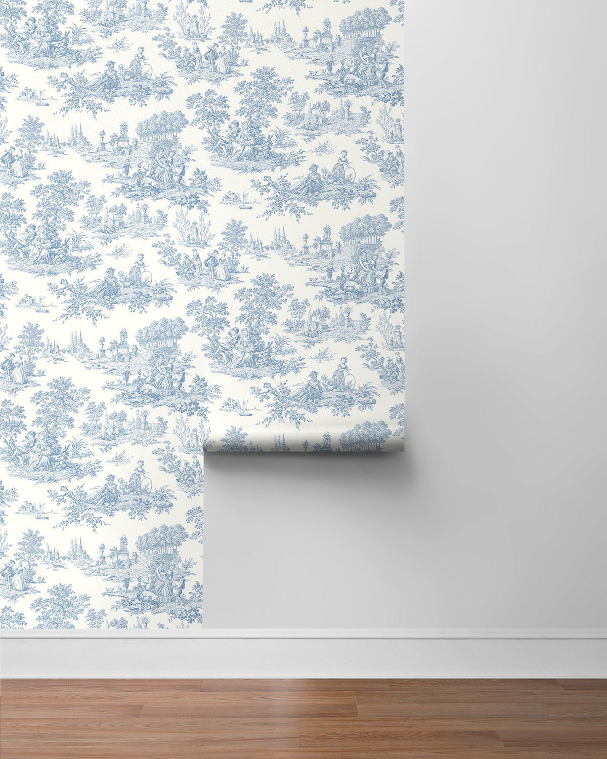 Blue Bell Chateau Toile peel and stick wallpaper with detailed scenic toile pattern in soft blue tones, removable renter friendly wallpaper for vintage accent walls, French country style wall decor for bedrooms and living rooms, NextWall NW43302