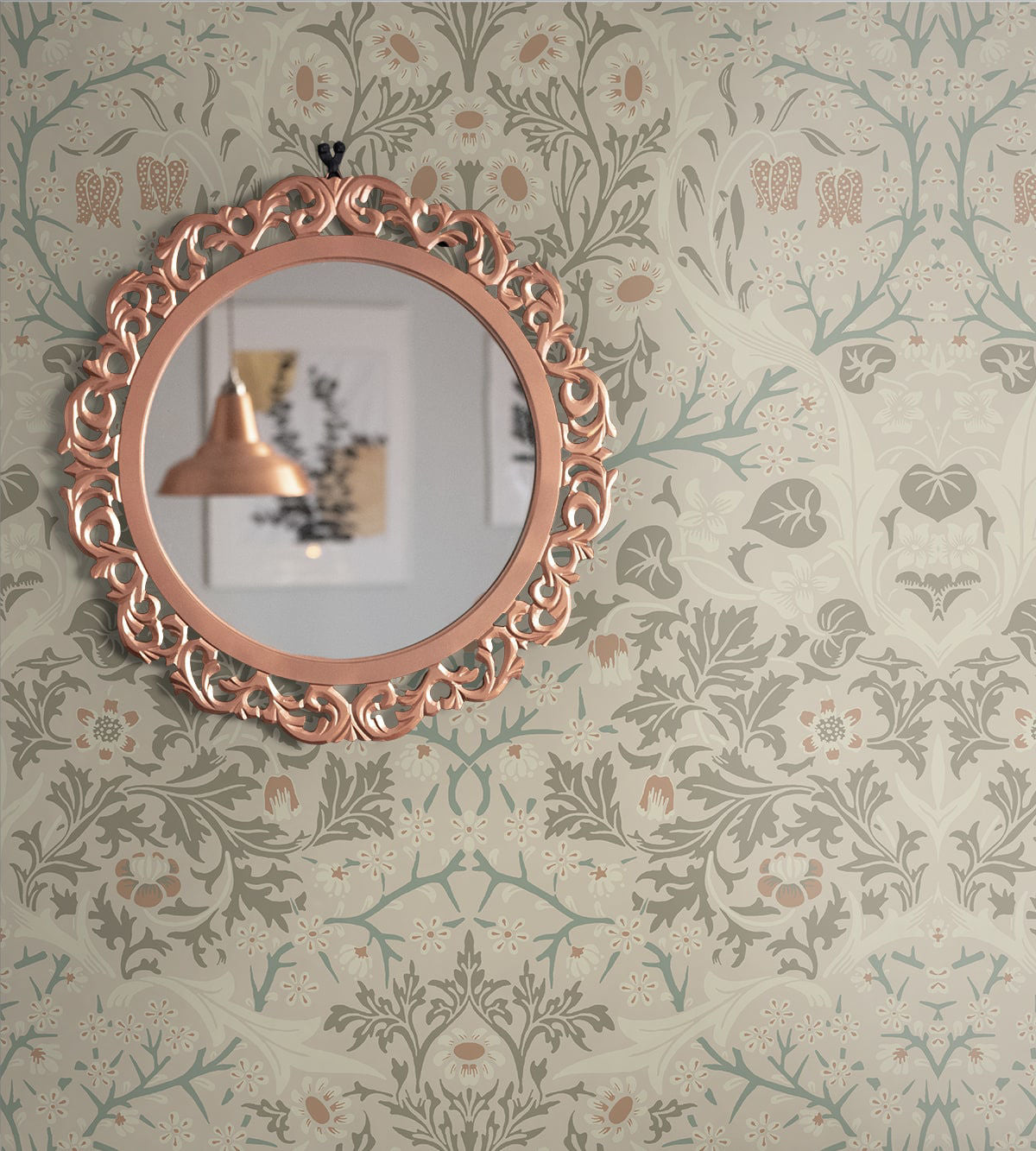 Victorian Garden Peel and Stick Wallpaper featuring vintage floral botanical patterns in warm beige and neutral tones. Elegant removable wallpaper for accent walls, bedrooms, living rooms, dining rooms, and cottagecore or modern farmhouse interiors.
