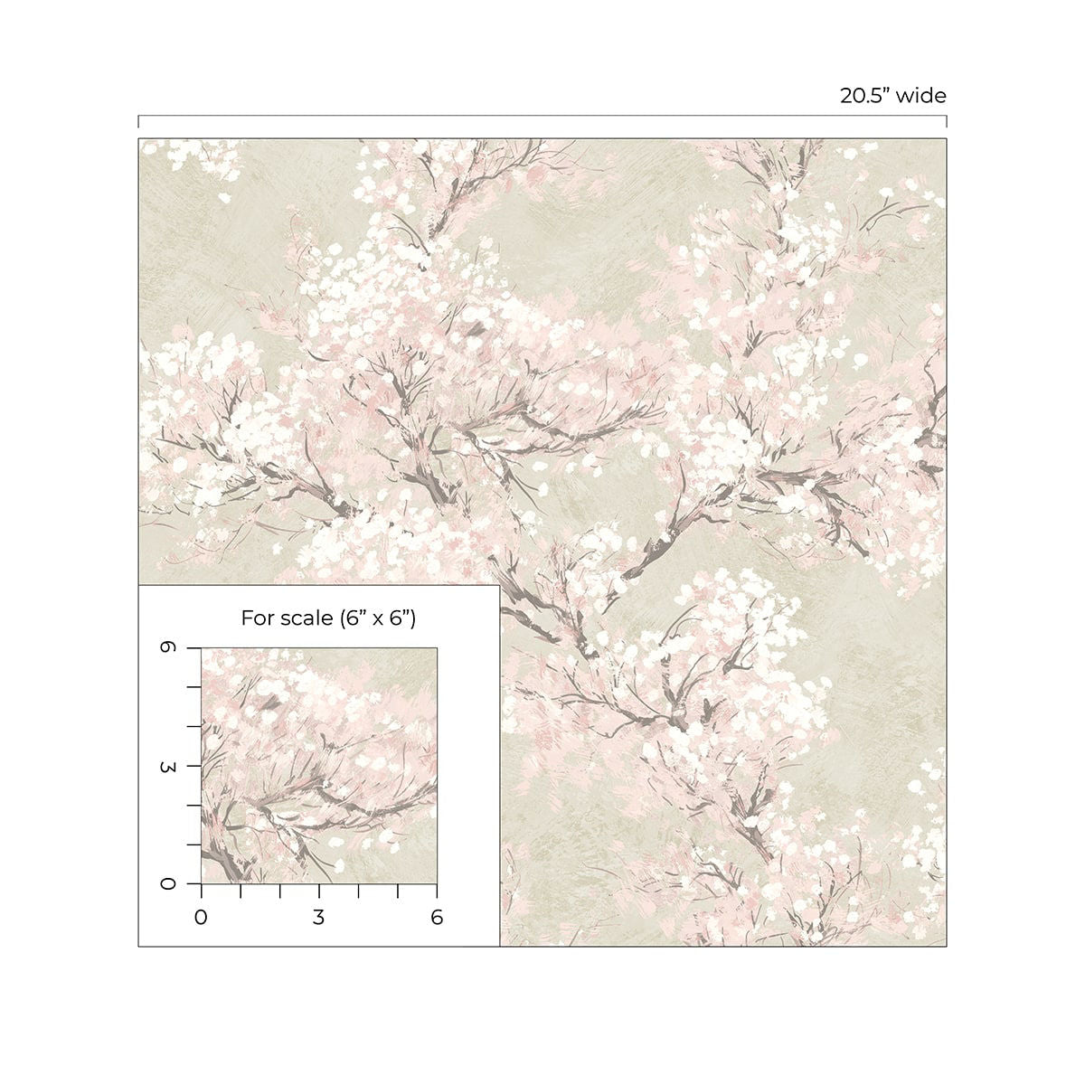 Elegant Cherry Blossom Grove peel and stick wallpaper featuring delicate cherry blossom branches in parchment beige and soft rose tones. Neutral floral botanical wallpaper with warm earthy colors designed for modern cottage, Japandi, farmhouse, nursery, bedroom, and living room interiors. Removable renter-friendly wallpaper with washable finish and sophisticated nature-inspired design for luxury home decor and DIY accent walls.