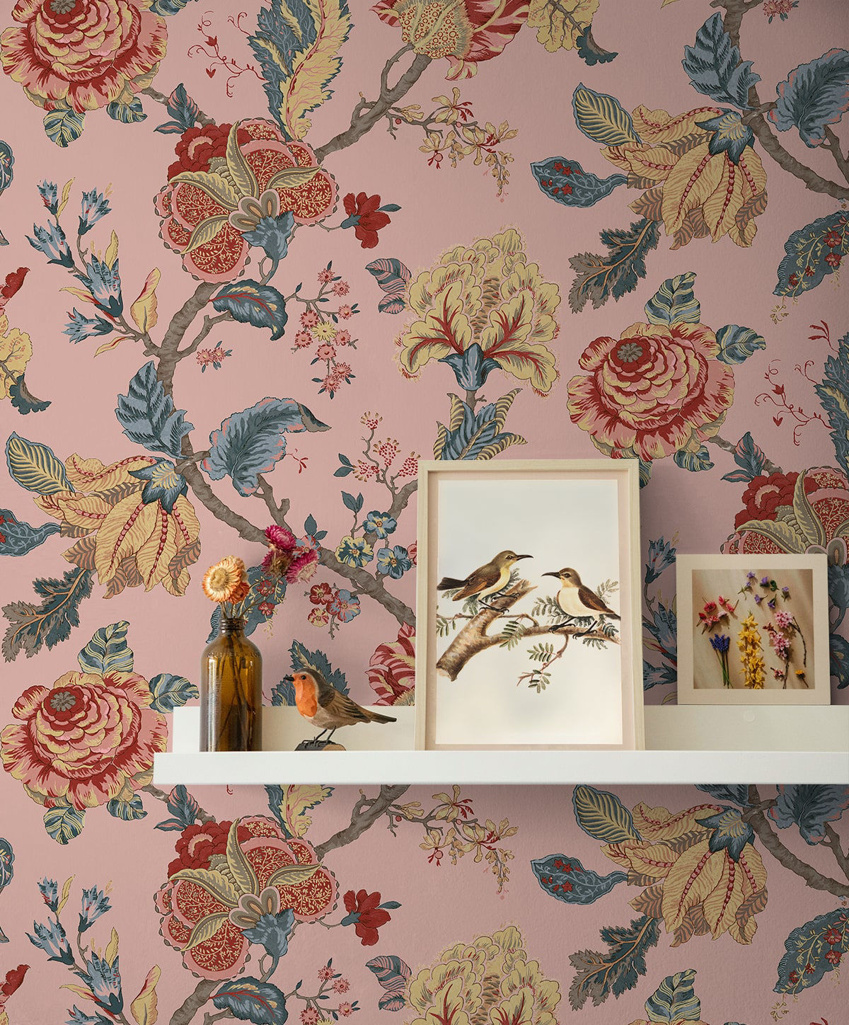 Kianna Jacobean Peel and Stick Wallpaper in Blush by NextWall at Primoends featuring intricate floral and tapestry-inspired patterns in soft pink tones. Luxury removable wallpaper ideal for bedrooms, nurseries, powder rooms, accent walls, and elegant traditional or romantic interior design spaces.
