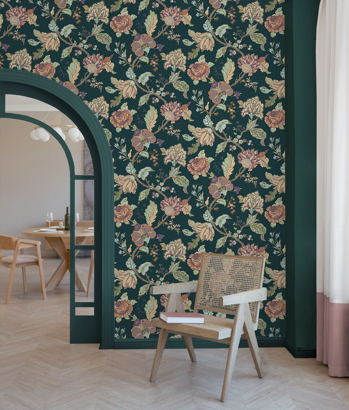 Kianna Jacobean Victorian Jade peel and stick wallpaper with a detailed floral tapestry design in deep green tones and classic Jacobean styling. Removable self-adhesive wallpaper suitable for accent walls in bedrooms, living rooms, dining rooms, bathrooms, offices, hallways, and entryways. Washable and renter-friendly wall covering that adds a vintage botanical elegance and timeless traditional charm to modern and classic interior décor spaces for easy DIY home updates.