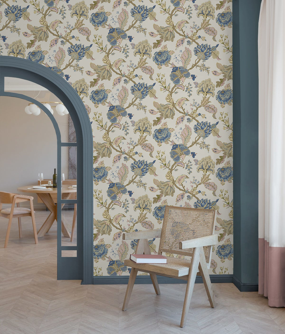 Warm neutral Kianna Jacobean peel and stick wallpaper in parchment featuring elegant tapestry floral pattern with half-drop repeat, removable and washable design ideal for accent walls, bedrooms, living rooms, and renter-friendly home decor styling.
