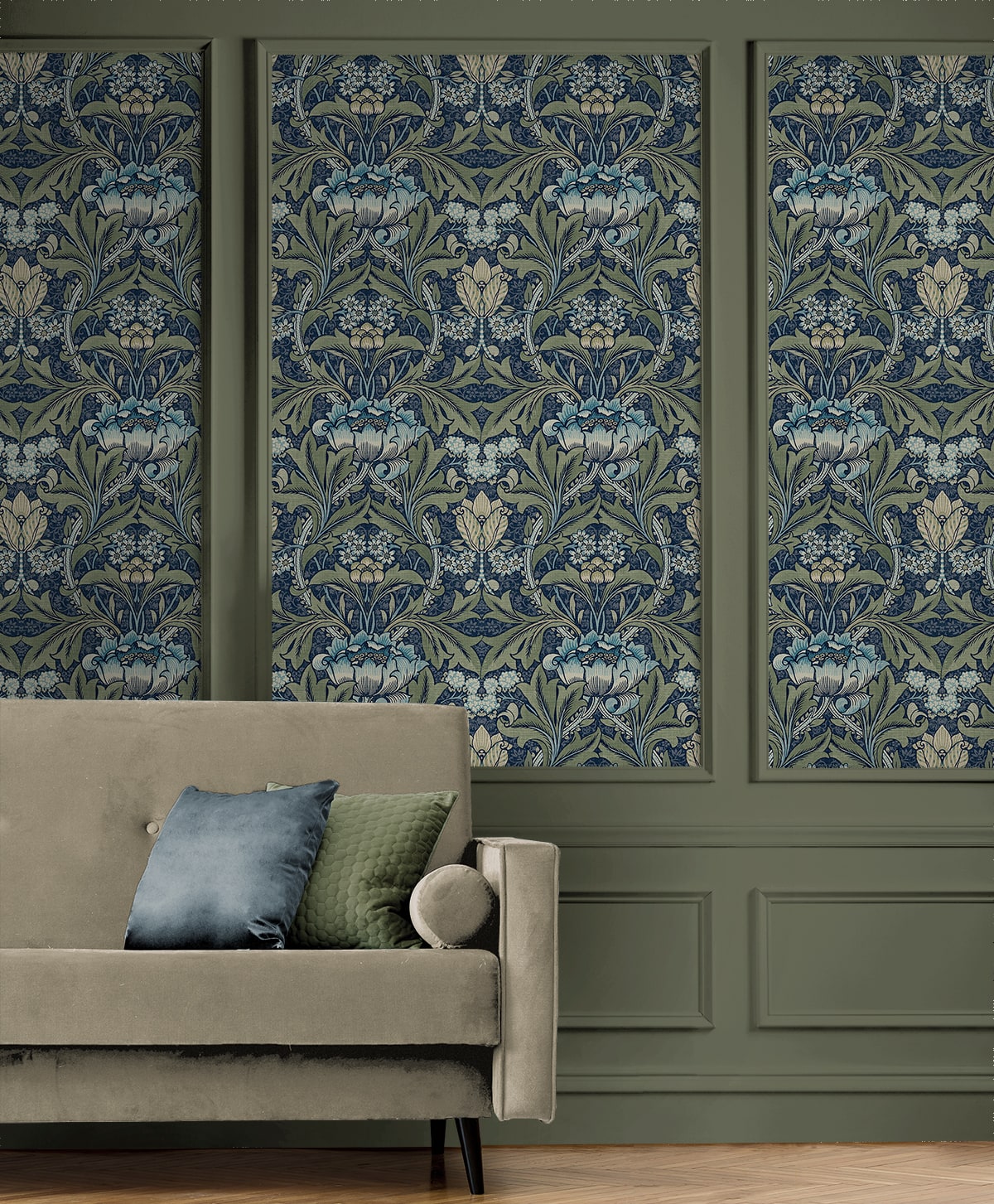 Acanthus Floral peel and stick wallpaper by NextWall in Denim and Sage featuring elegant botanical floral design, removable and washable, ideal for accent walls, rentals, and modern interior styling.