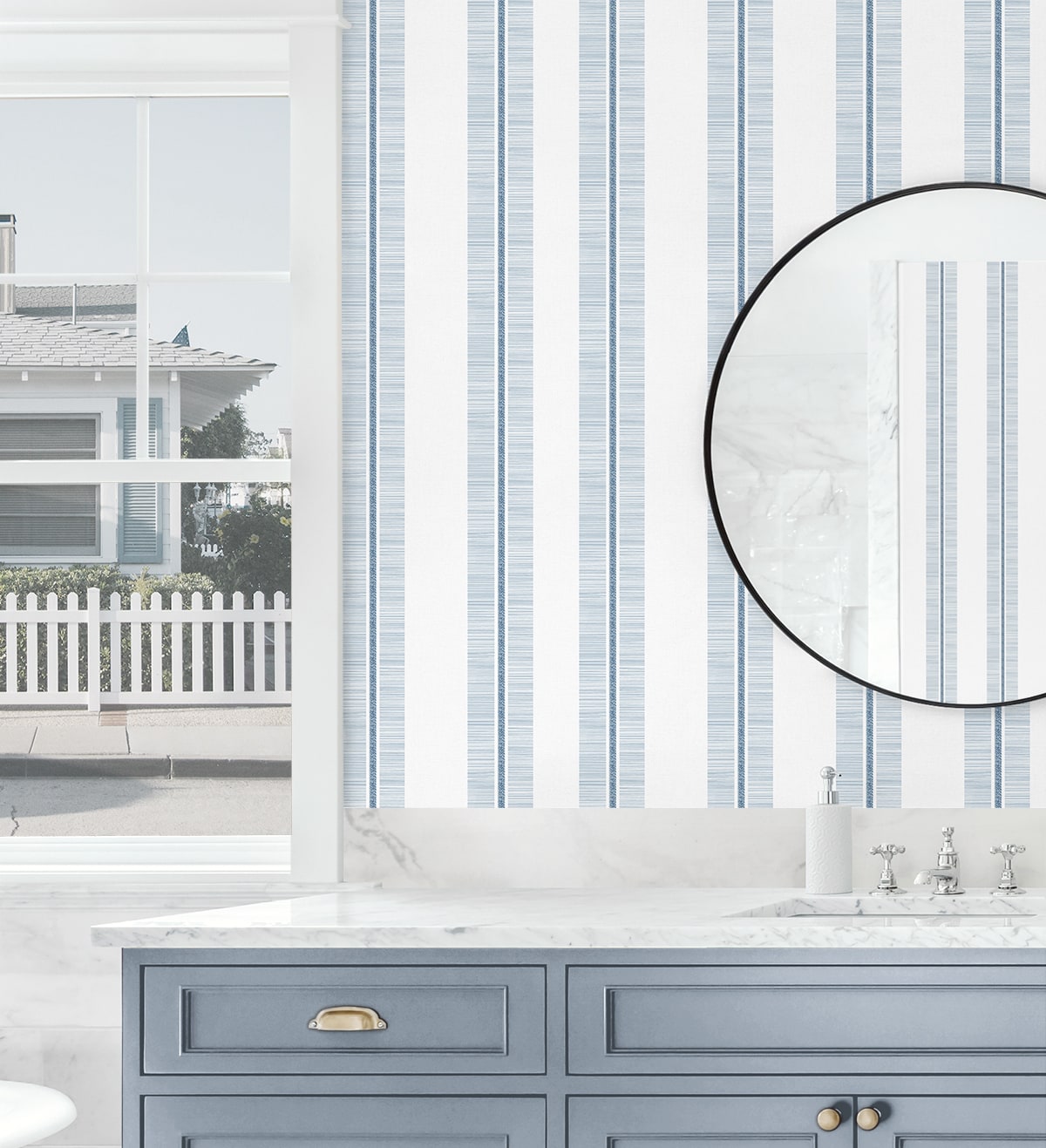 blue stripe peel and stick wallpaper with beach towel design, coastal striped removable wallpaper in blue tones, nautical wall decor for bathrooms bedrooms and accent walls, easy install renter friendly wallpaper