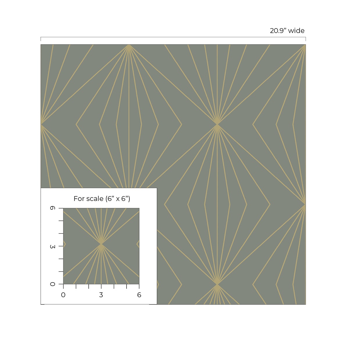 Geometric wallpaper pattern with metallic gold lines on a gray background, including a scale for reference.