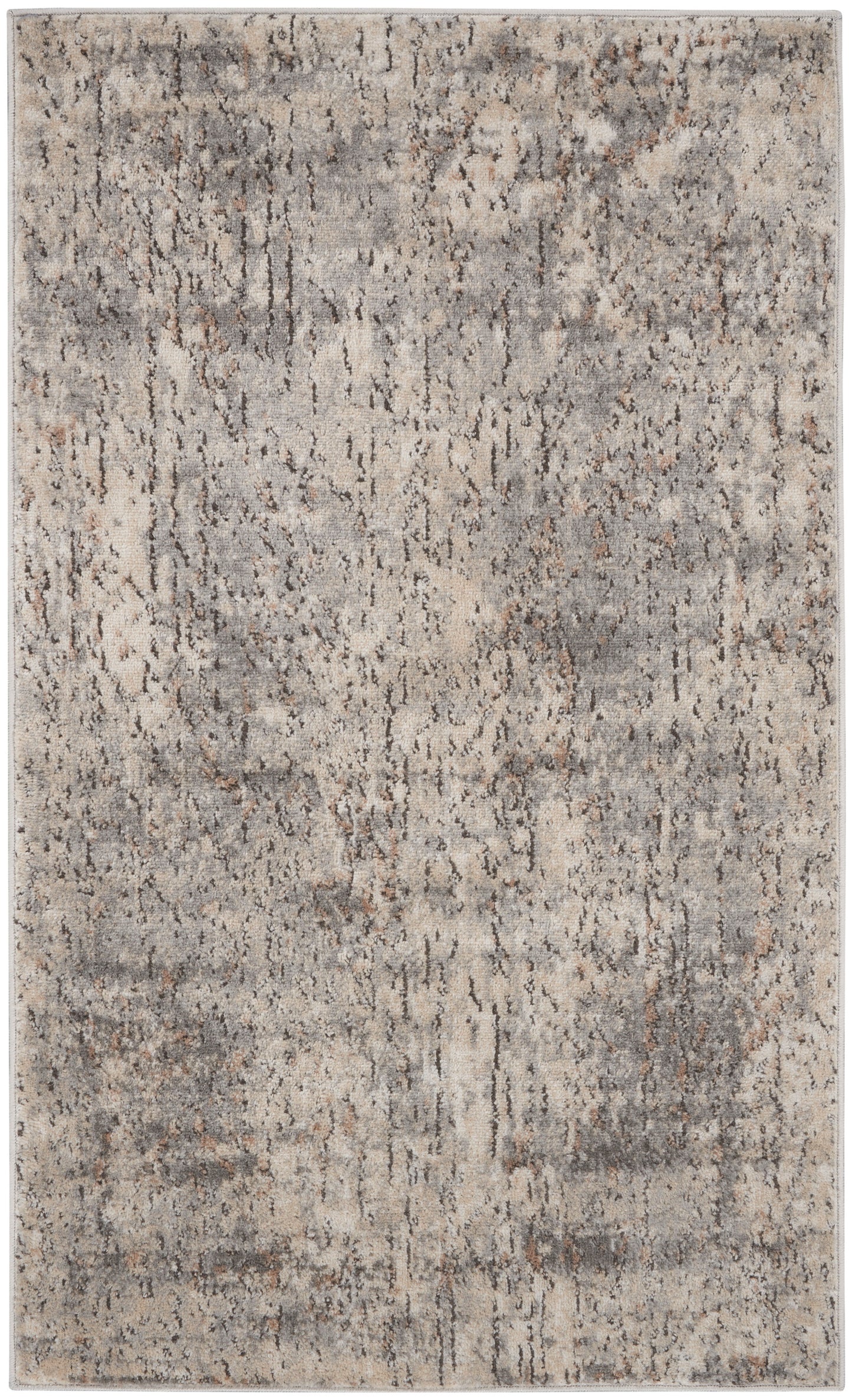Rectangular area rug with abstract distressed pattern in beige, gray and taupe; modern, versatile decor for living spaces.