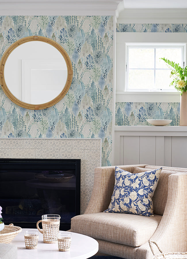 Blue watercolor tree mosaic peel and stick wallpaper with botanical forest design, removable self-adhesive vinyl wall covering ideal for DIY home decor, accent walls, and modern interiors.