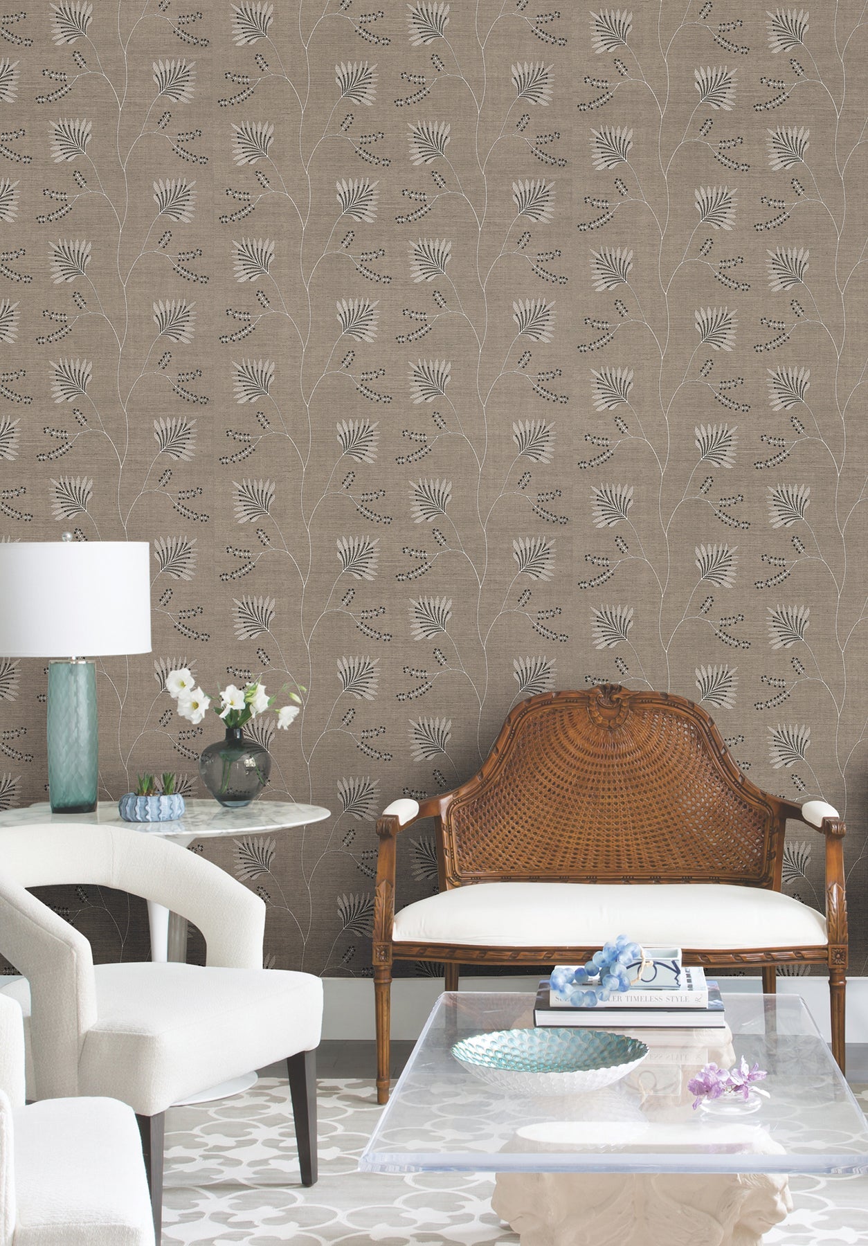 Astoria Laelynn wallpaper MX9607 in Taupe — embroidered botanical columns in metallic silver and charcoal threads over a sisal grasscloth base, giving depth and texture to a neutral taupe ground, ideal for luxury and nature‑inspired interiors.