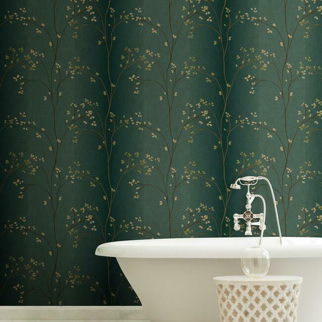 York Wallcoverings Earthy Tones Vertical Blossoms Teal Metallic Wallpaper Teal Metallic - BR6224