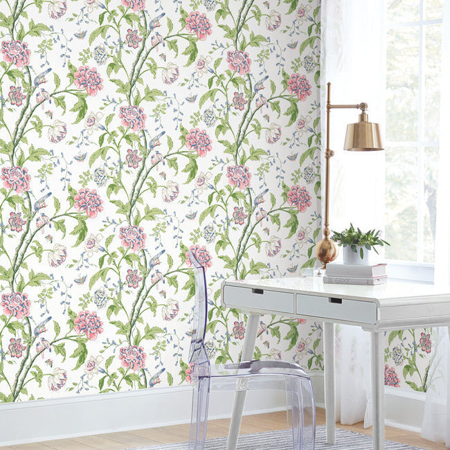 York Teahouse Floral wallpaper (pattern BL1785) in White & Blush, depicting robins, butterflies, and lush blossoms in pale pink and green on white — a vintage botanical design ideal for classic, elegant interiors.
