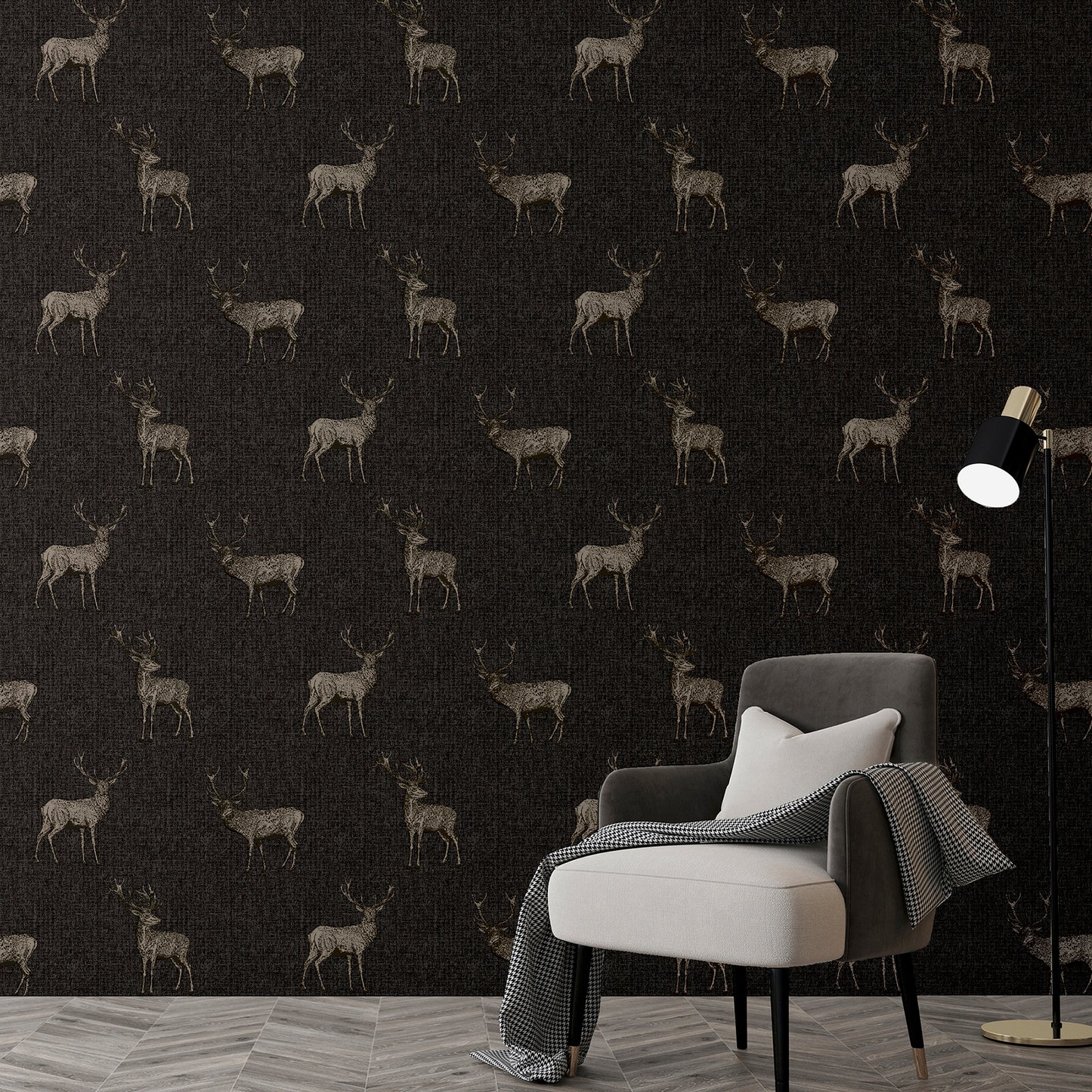 Arthouse Hank Charcoal Stag Wallpaper with detailed deer illustrations on a dark charcoal background. Rustic woodland animal wallpaper ideal for farmhouse décor, cabin interiors, masculine living rooms, bedroom accent walls, and nature-inspired home design.