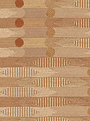 Metallic copper-gold woven upholstery fabric with dotted circular motifs and striped patterns.