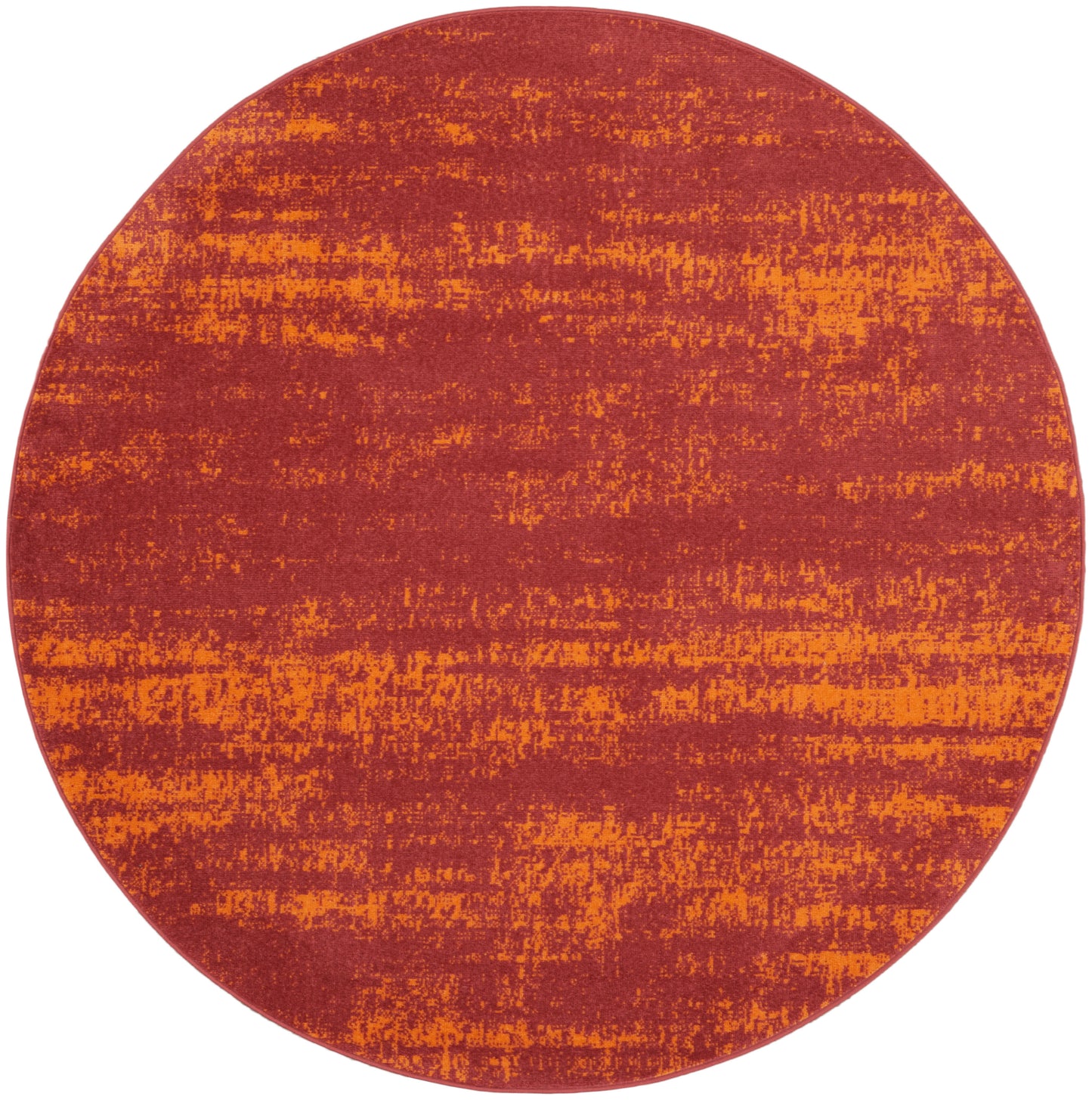 Round rug in burnt orange and red with a distressed textured pattern, warm modern decor accent.