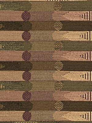 Woven upholstery fabric with horizontal olive, taupe & dusty pink stripes and purple circular accents; rustic pattern.
