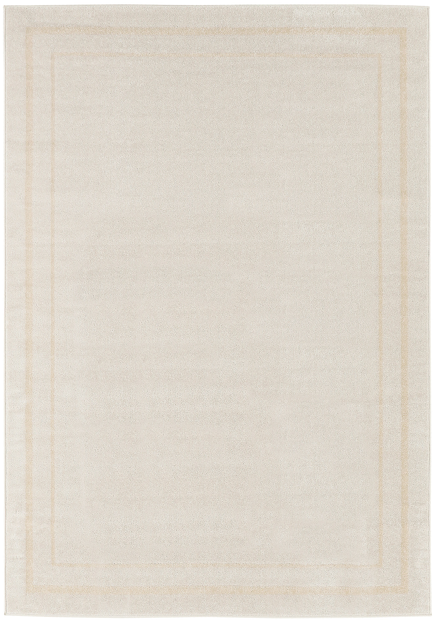 Cream area rug with pale peach double borders, minimalist rectangular frames, soft woven texture.