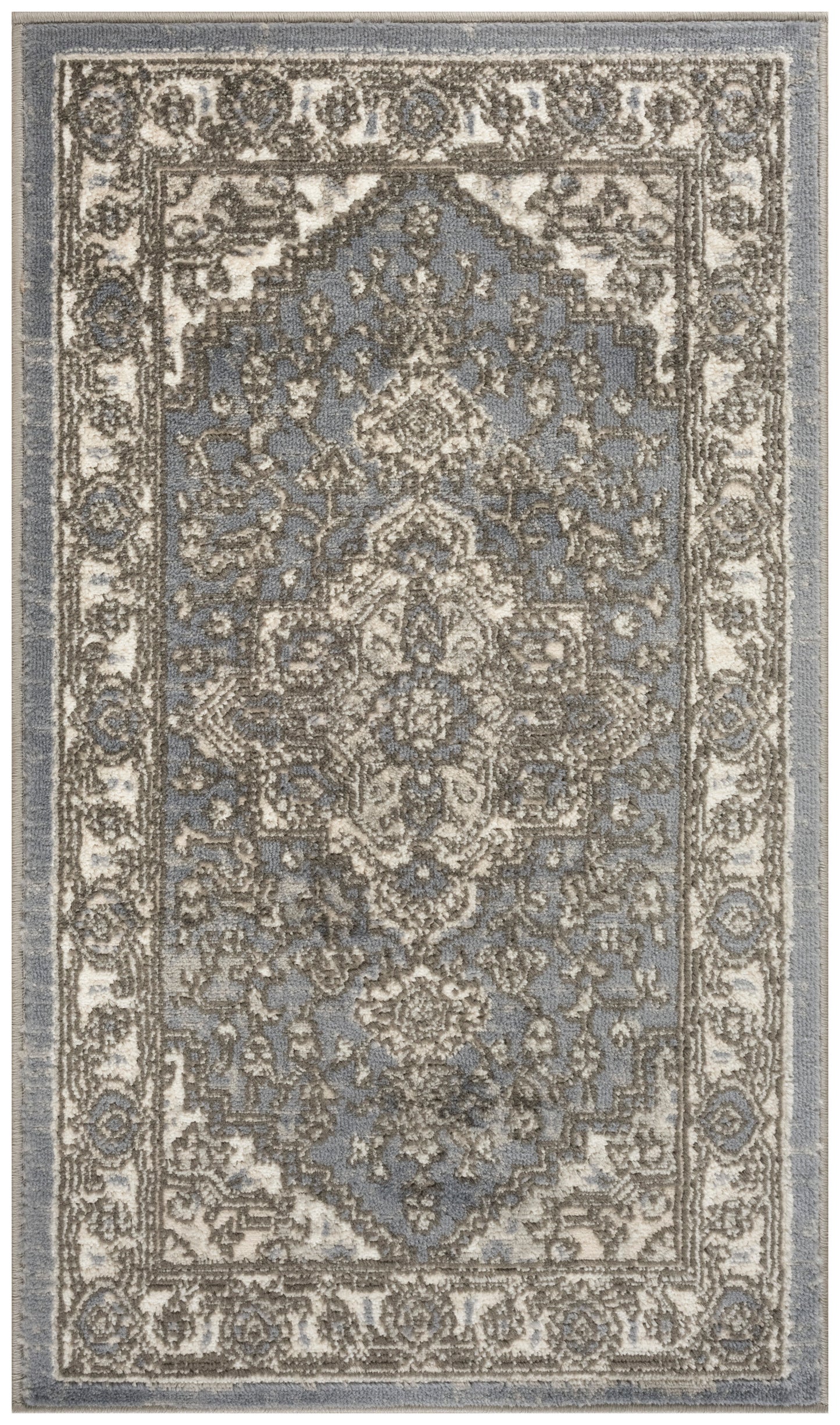 Blue-gray oriental rug with beige central medallion and ornate floral border.