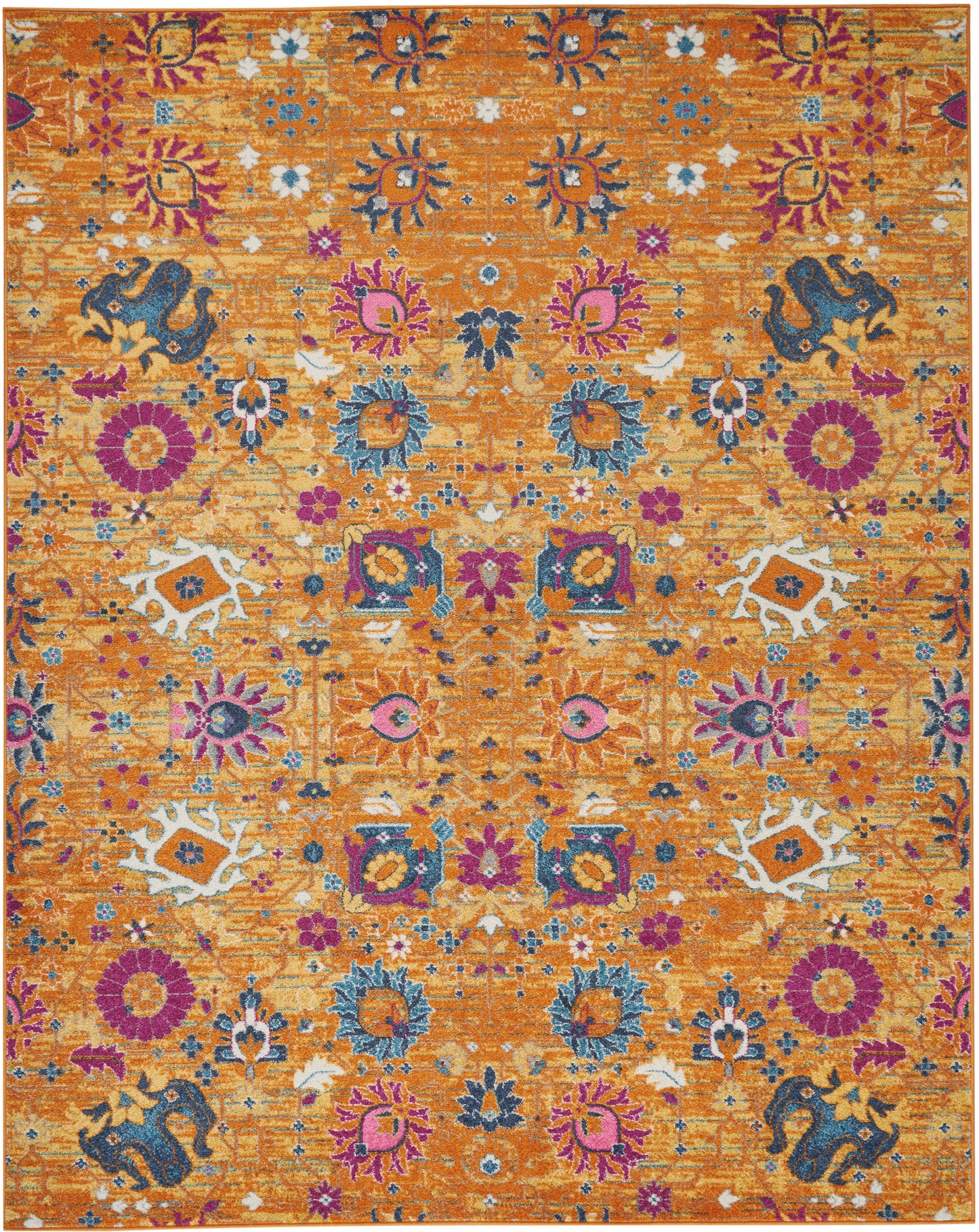 Bright orange Bohemian rug, 9' x 12', featuring blue, pink and purple floral medallions and an intricate pattern.