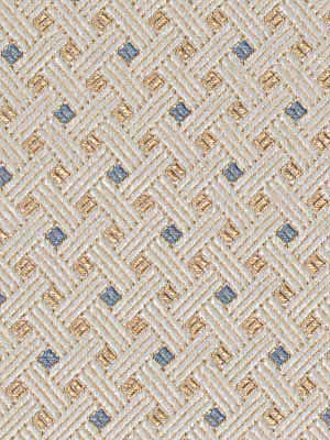 Beige woven fabric with tan lattice pattern and tiny blue squares; upholstery swatch in a basket-weave style.