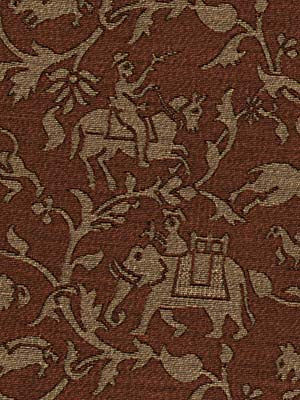 Maroon tapestry fabric with beige motifs featuring riders, animals and a castle-like emblem among scrolling vines