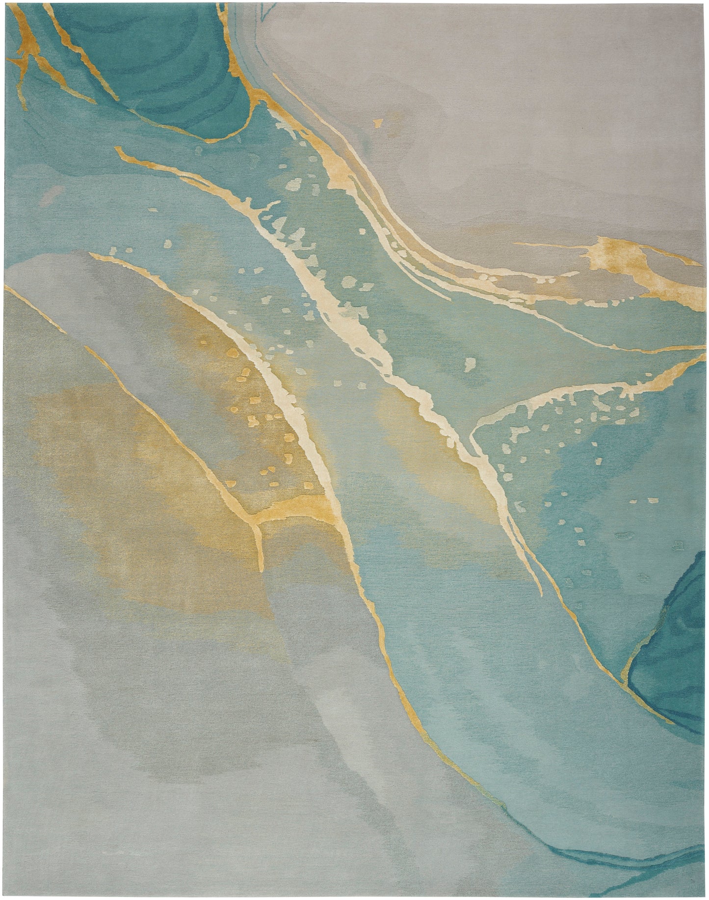 Abstract area rug with teal, gold and gray marbled waves in a soft, flowing design.