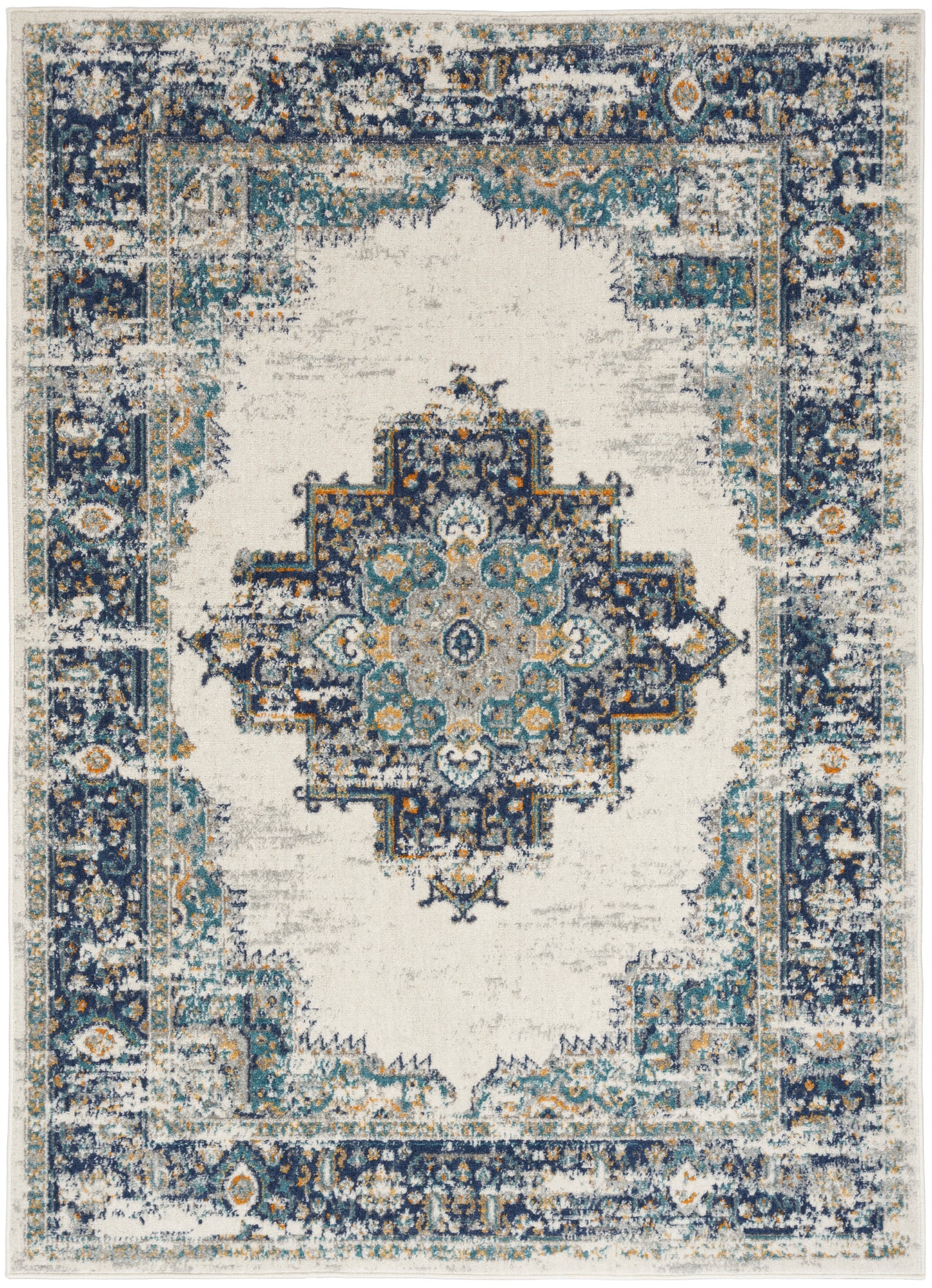 Distressed vintage-style area rug with central medallion in teal, navy, ivory and gray; rectangular with ornate border.