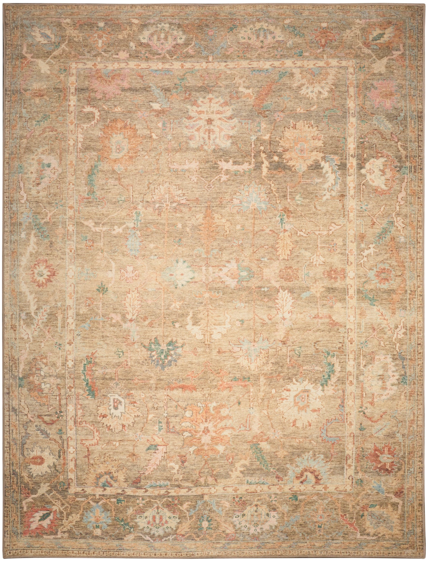Muted beige vintage oriental area rug with pastel pink, blue and teal floral motifs and decorative border.
