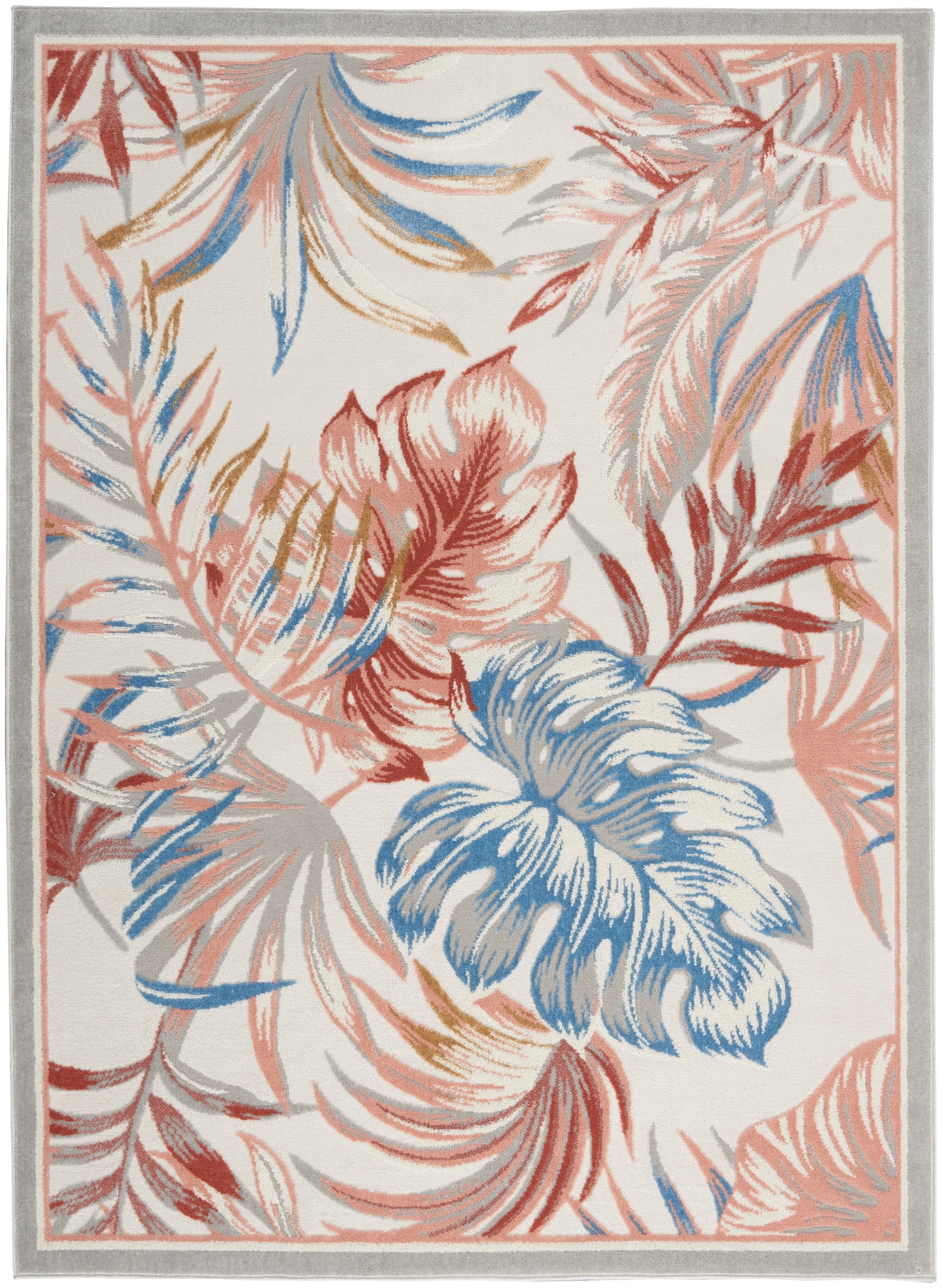 Soft area rug with red, blue and orange tropical leaves on a light cream background and grey border.