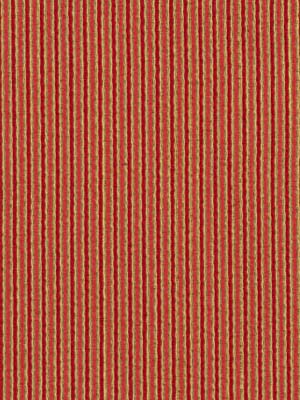 Crimson upholstery fabric with narrow gold vertical stripes and a woven textured finish.