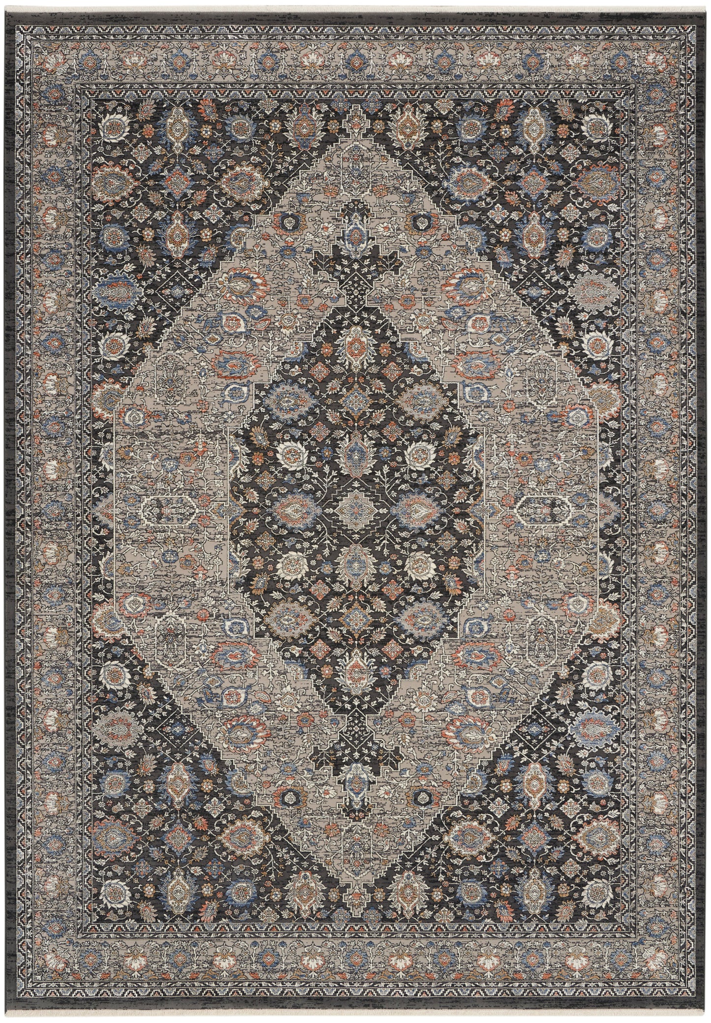 Persian-style oriental rug with dark navy field, ivory central medallion, blue and rust floral motifs, layered borders.
