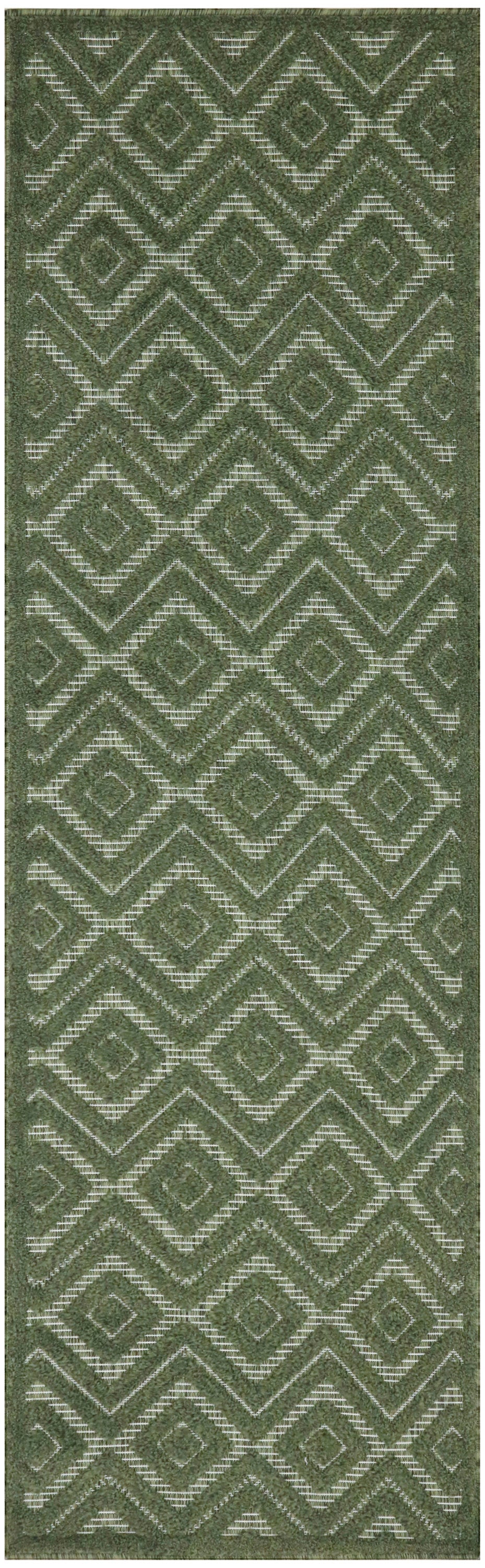 Olive green geometric runner rug with nested white diamond motifs and chevron borders.