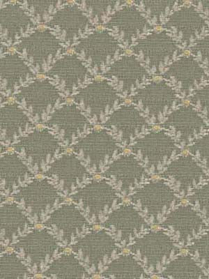 Grey-green fabric with cream lattice trellis and small yellow dots at intersections.