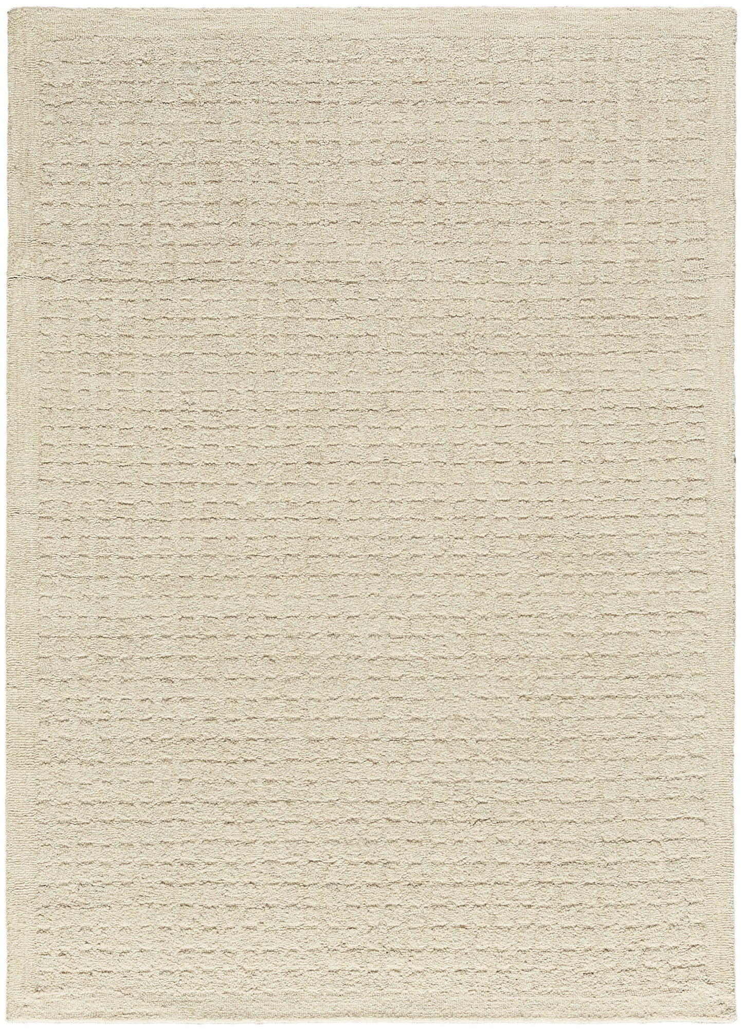 Cream textured area rug with subtle horizontal ribbing; rectangular, cozy flatweave for living spaces.