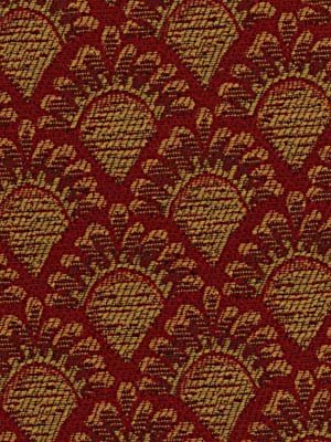 Red damask fabric with metallic gold woven pattern, repeating arch/floral motifs; luxurious upholstery textile.