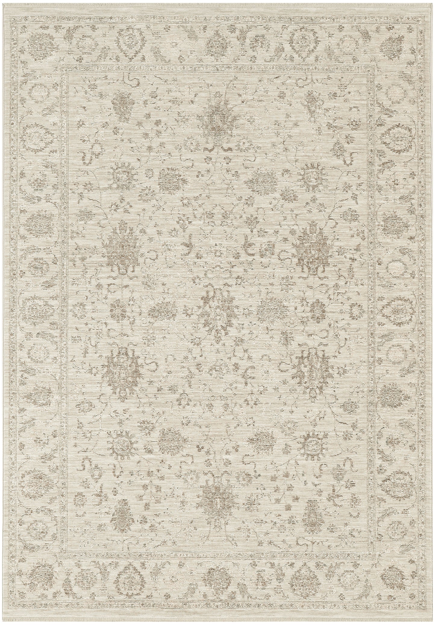 Cream and taupe oriental area rug with intricate floral medallions and decorative border.