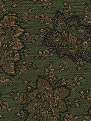 Olive green damask-patterned upholstery fabric with ivy/leaves motif and a textured weave