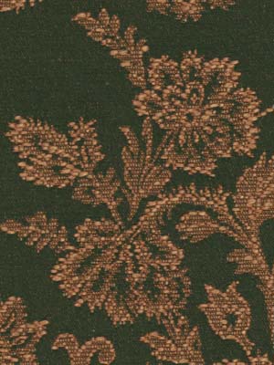 Dark green fabric with copper-gold floral damask jacquard pattern; ornate textile for upholstery or drapes.