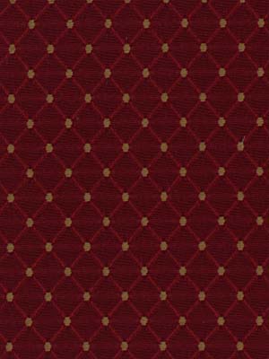 Red fabric with a gold diamond lattice pattern & small gold dots at intersections; elegant upholstery fabric.
