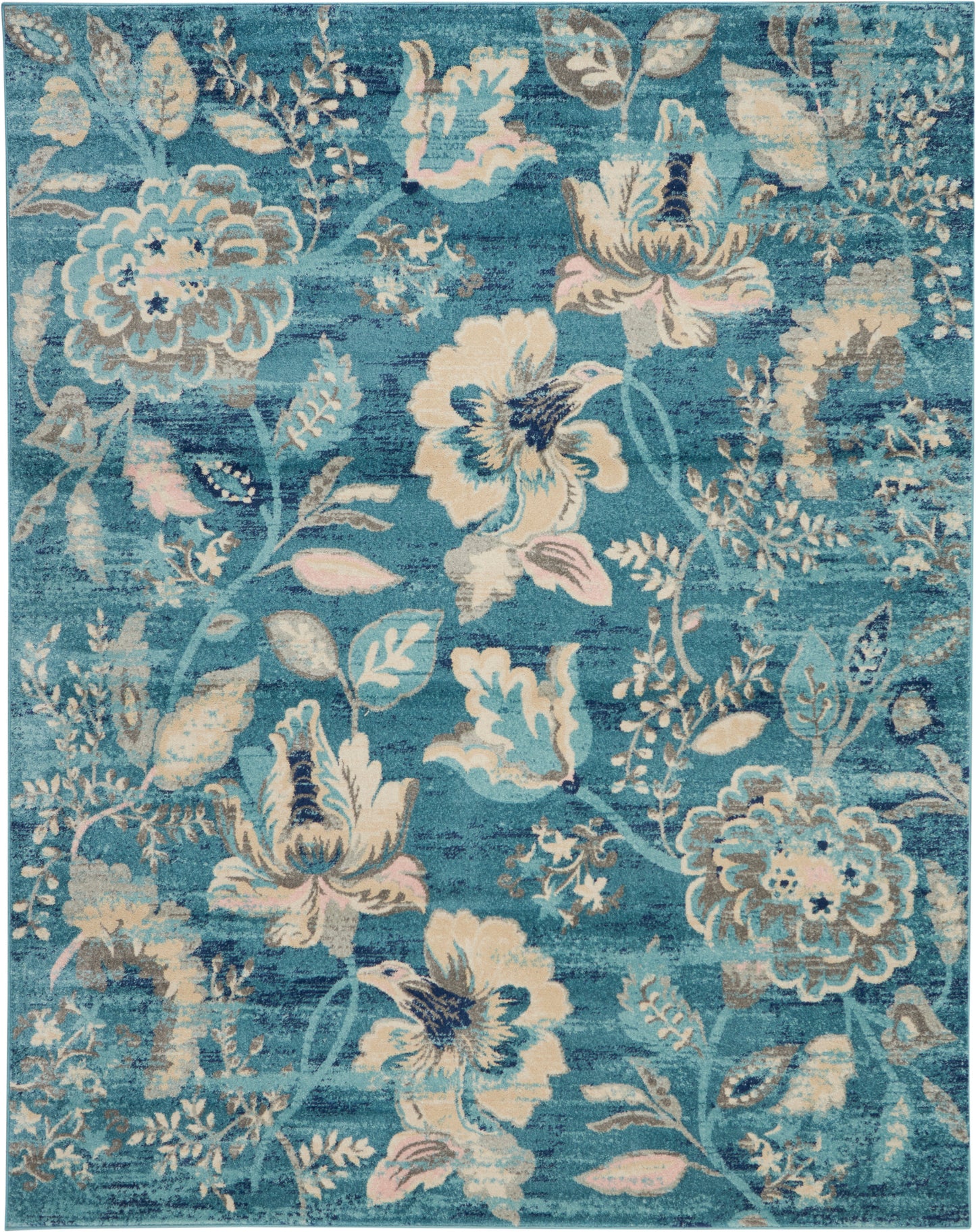 Teal floral area rug with ivory blooms and pale pink accents; rectangular, machine-made woven rug for living spaces.