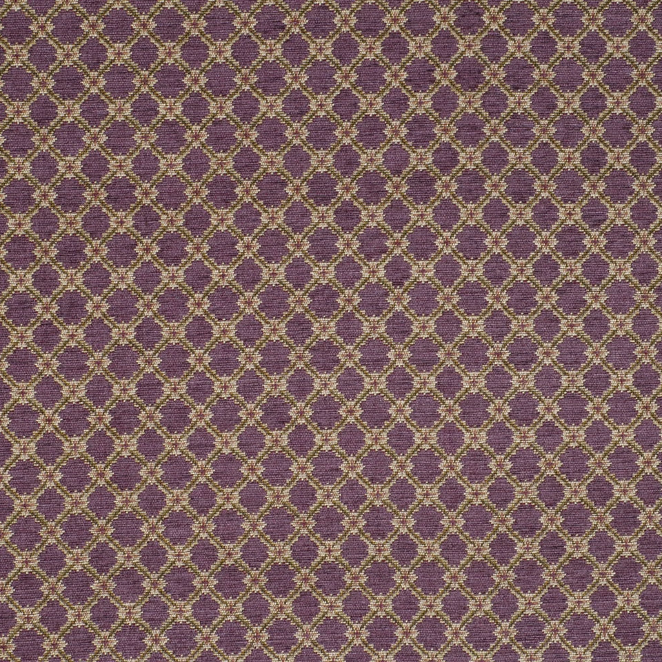 Purple brocade-like upholstery fabric with a gold lattice diamond pattern.