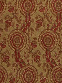 Red damask brocade on a golden background; ornate circular rosettes and floral vines; upholstery textile.
