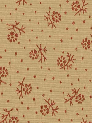 Beige textile with small rusty-red floral clusters and dots in a rustic, vintage pattern; cotton-like woven fabric.