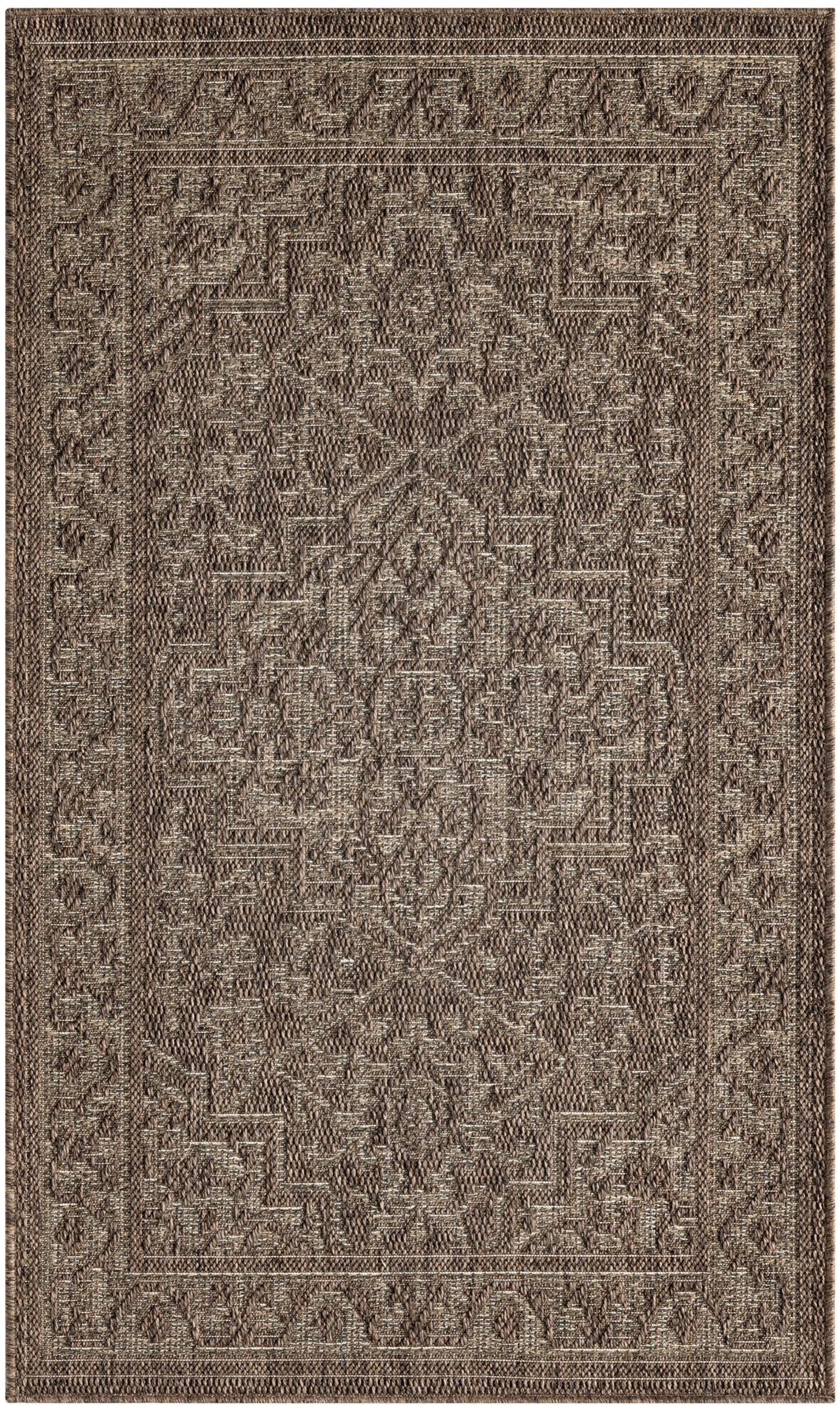 Brown-toned oriental-style area rug with intricate geometric and floral motifs, woven texture, bordered rectangular shape.