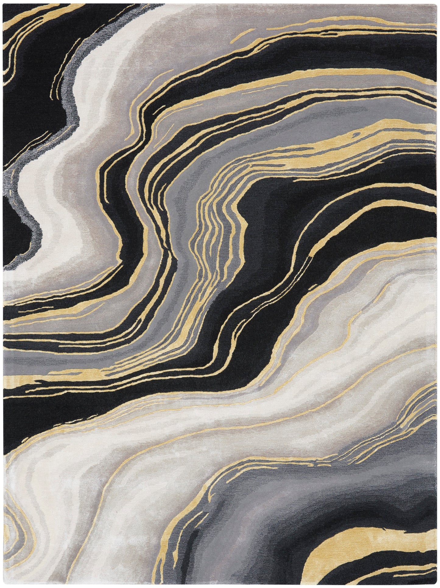 Abstract marbled area rug in black, gray, white with gold accents; flowing layered swirls for modern decor, 6' x 8'.